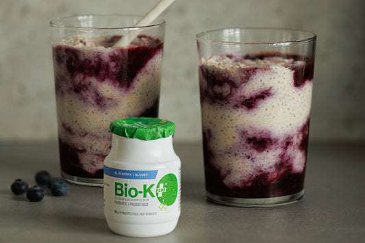 Blueberry overnight oats with a bottle of Bio-K+ 