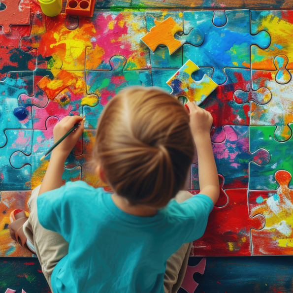 A child painting on a colorful puzzle