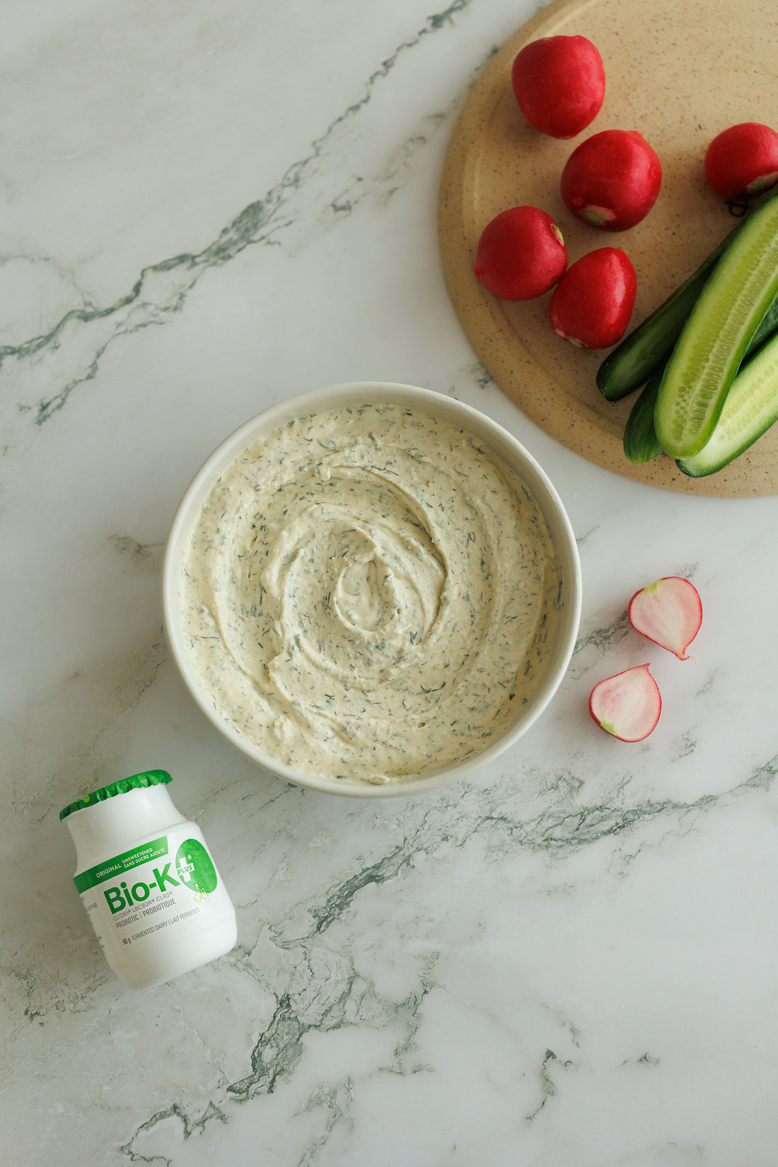 Ranch Dip with fresh vegetables and a Bio-K+ bottle