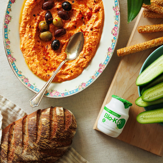 Feta and roasted pepper dip and a bottle of Bio-K+ Original