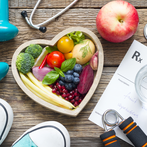 Fruits and vegetables in a bowl (shape of heart)