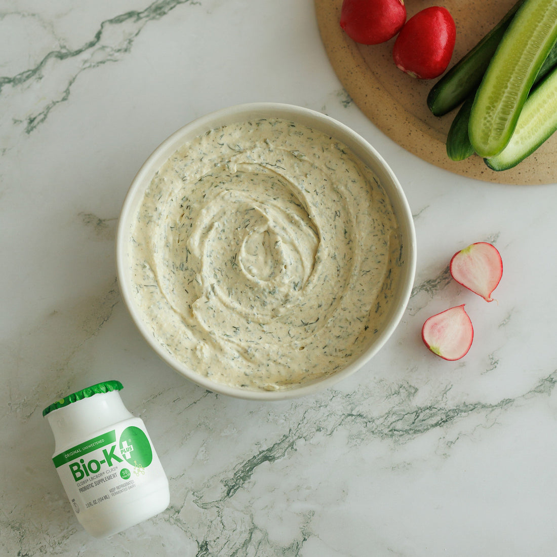 Ranch dip with Bio-K+ drinkable probiotic and vegetables