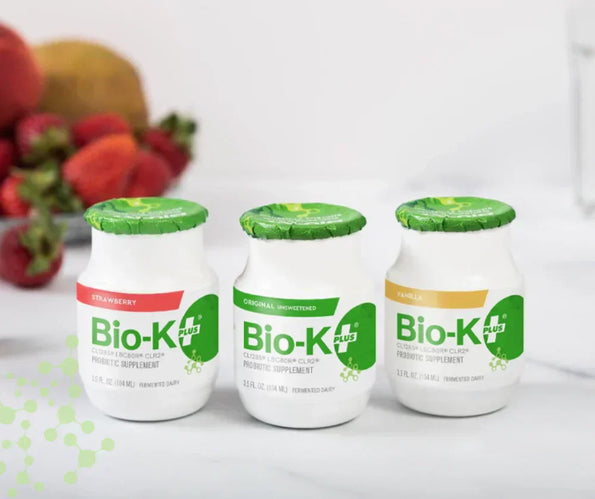 Three Bio-K+ drinkable probiotics for daily use in strawberry, original, and vanilla flavors