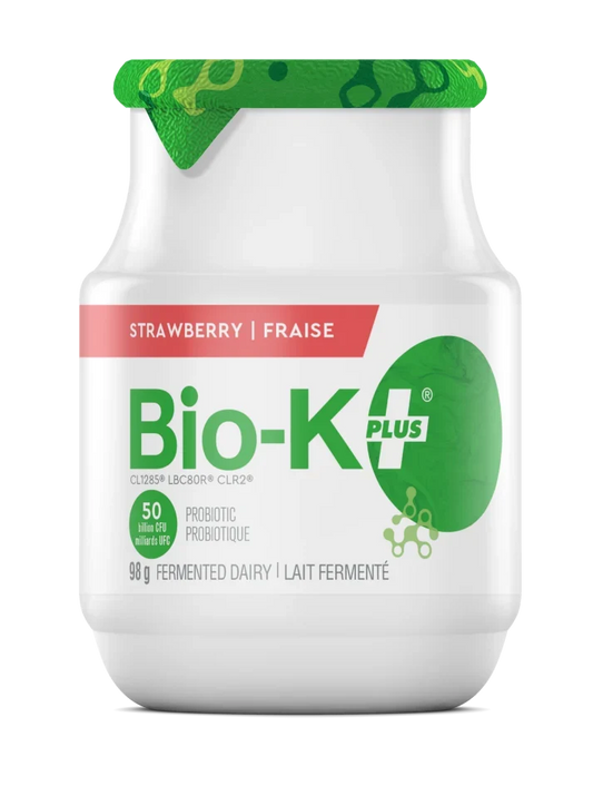 Bio-K+ Strawberry probiotic fermented dairy, 50 billion CFU, 98g bottle.