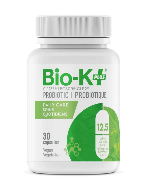 Bio-K+ Daily Care Probiotic capsules, 12.5 billion CFU, 30 vegan capsules bottle.