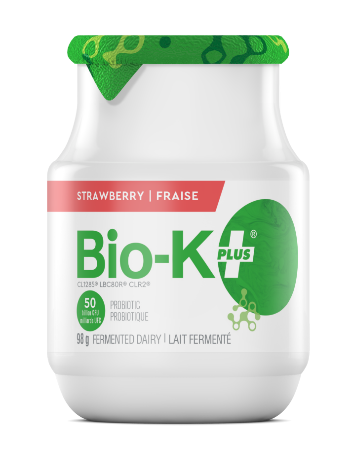 Bio-K+ Strawberry flavour probiotic fermented dairy drink, 50 billion CFU, 98g bottle.