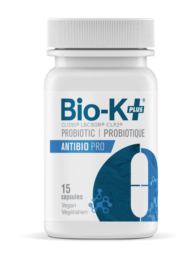 Bio-K+ Antibio Pro probiotic capsules, 15 count, vegan.