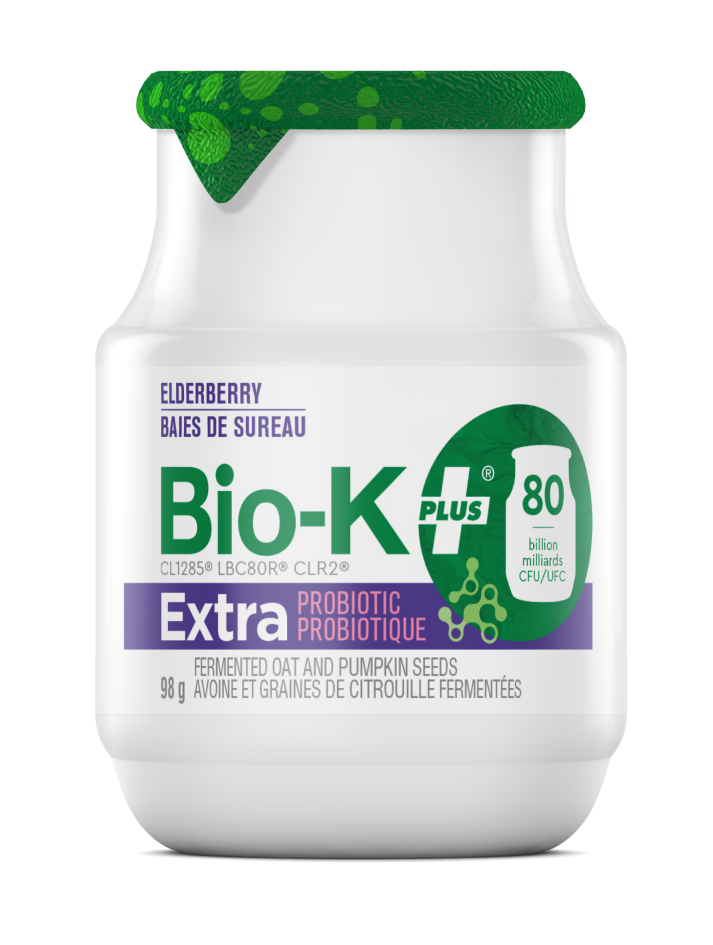 Bio-K+ Extra Elderberry probiotic, 80 billion CFU, fermented oat and pumpkin seed, 98g bottle.