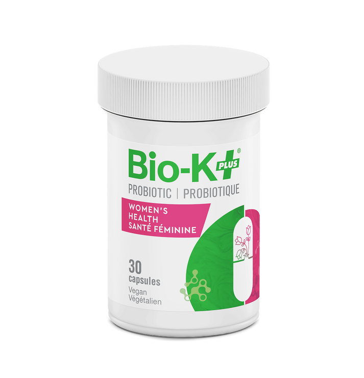 Bio-K+ Women's Health probiotic bottle, 30 vegan capsules for feminine health support.